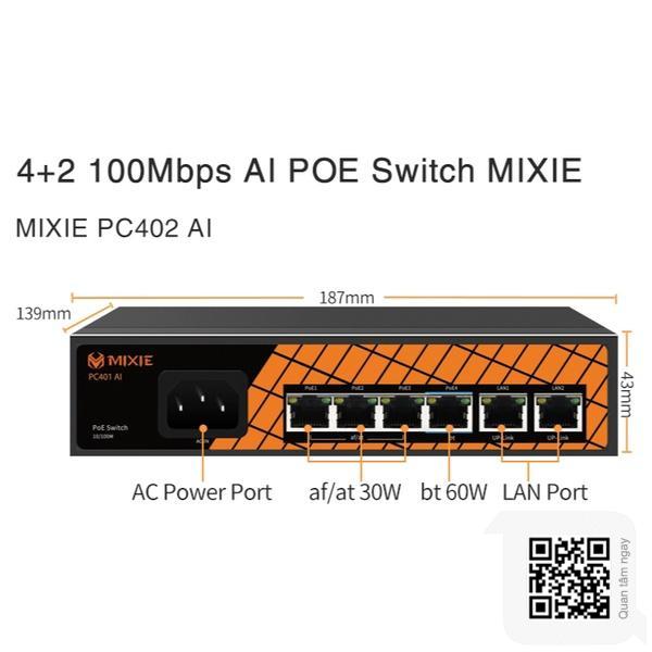Switch POE MIXIE PC402 4+2 (100Mbs), Tối đa 250M, Watchdog, Chống sét 