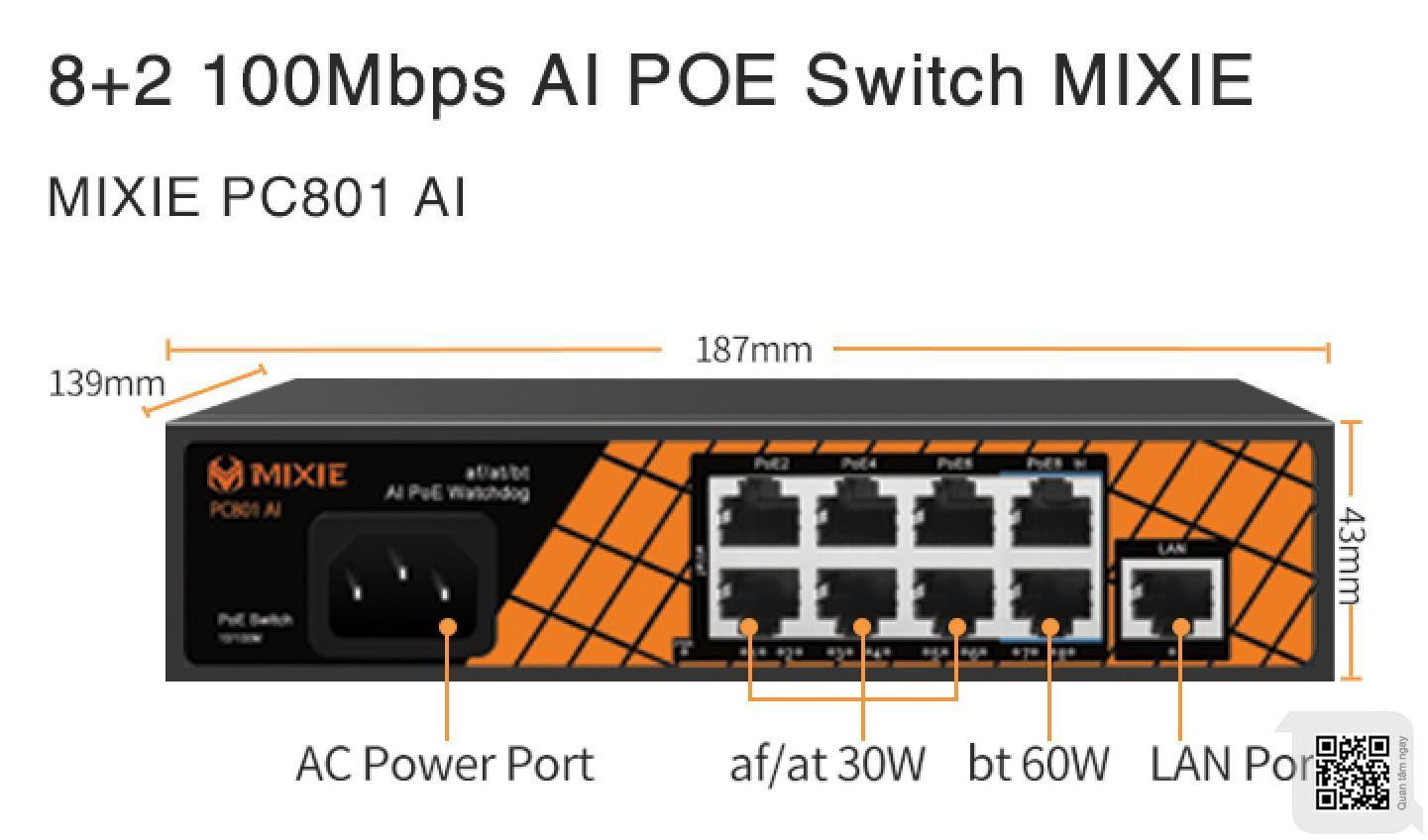 Switch POE MIXIE PC801 8+1 (100Mbs), Tối đa 250M, Watchdog, Chống sét