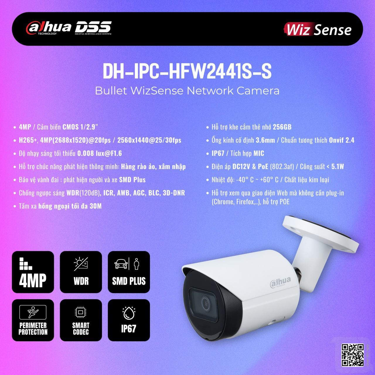 Camera IP DAHUA DH-IPC-HFW2441S-S hồng ngoại 4.0 Megapixel